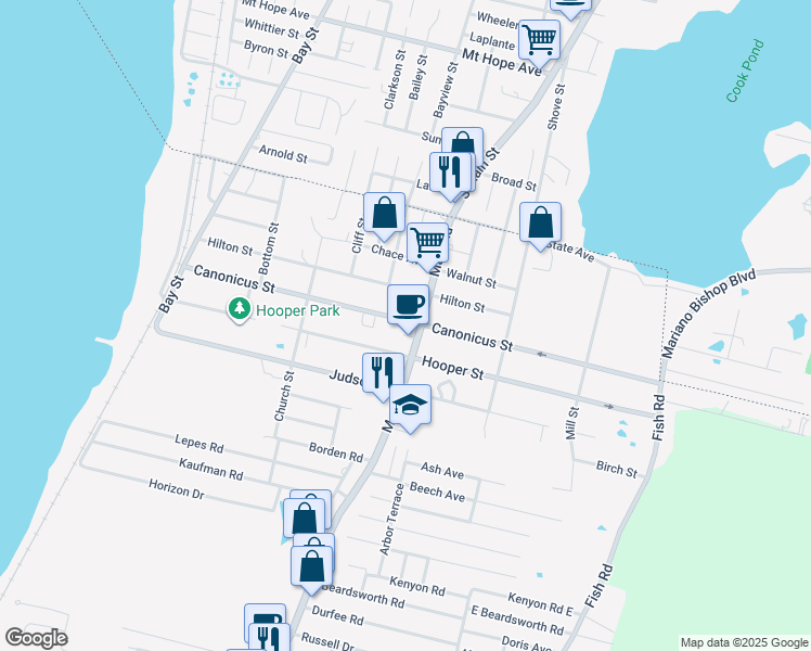 map of restaurants, bars, coffee shops, grocery stores, and more near 245 Canonicus Street in Tiverton