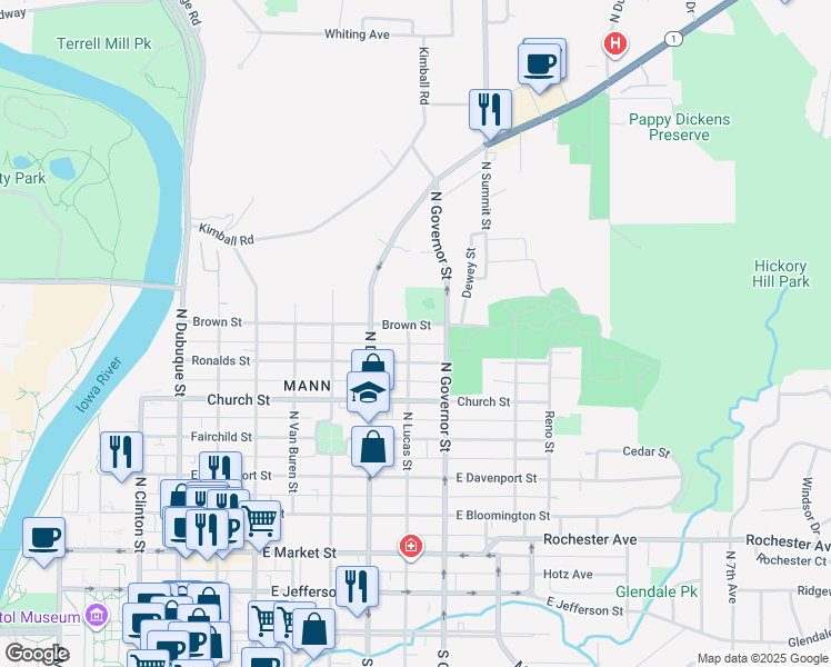 map of restaurants, bars, coffee shops, grocery stores, and more near 801 Brown Street in Iowa City