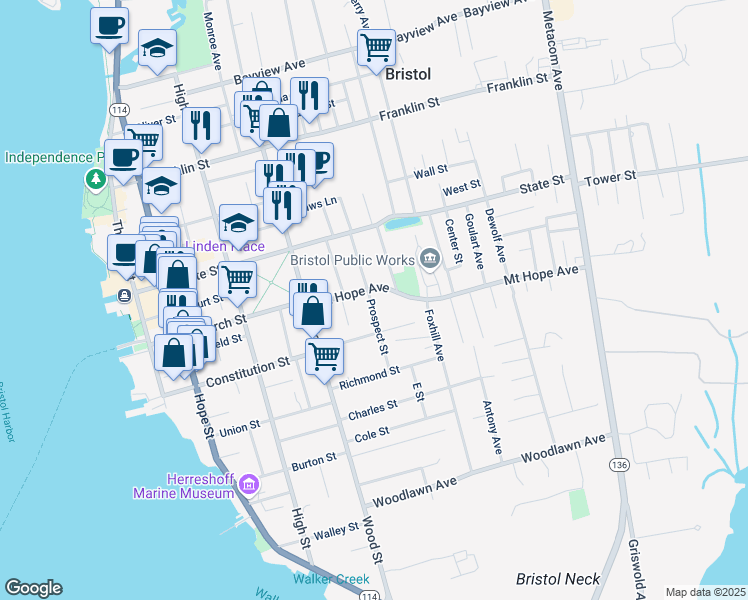 map of restaurants, bars, coffee shops, grocery stores, and more near 5 Prospect Street in Bristol