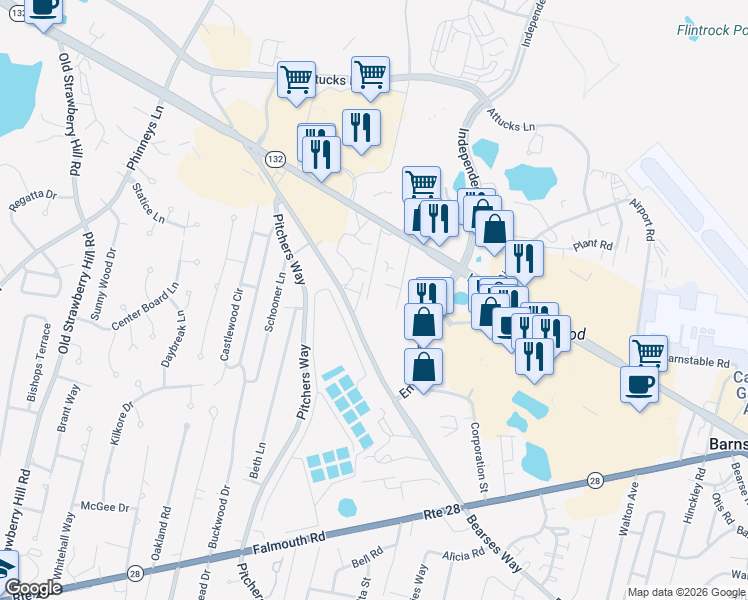 map of restaurants, bars, coffee shops, grocery stores, and more near 1029 Iyannough Road in Barnstable