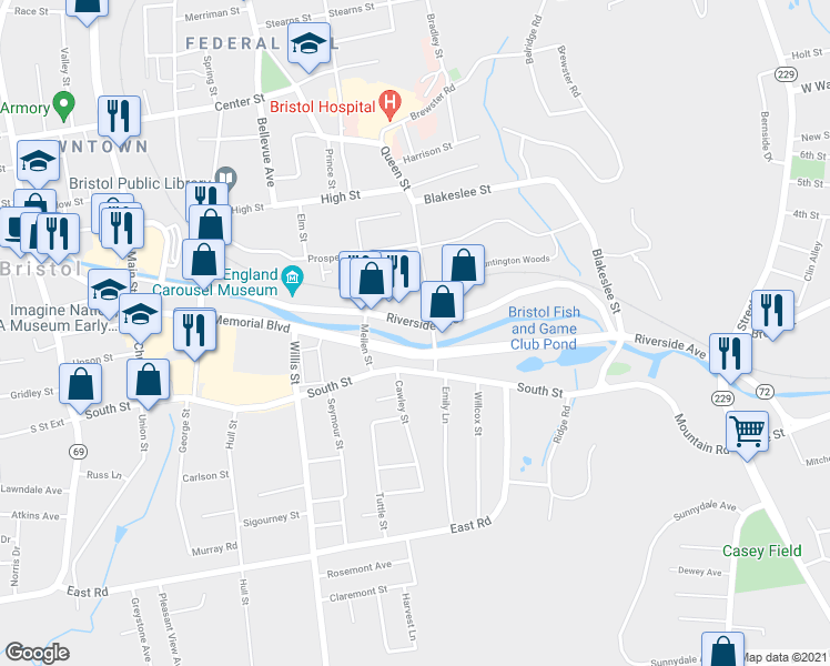 map of restaurants, bars, coffee shops, grocery stores, and more near 234 Riverside Avenue in Bristol