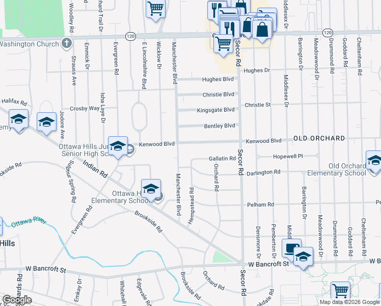 map of restaurants, bars, coffee shops, grocery stores, and more near 3450 Gallatin Road in Toledo