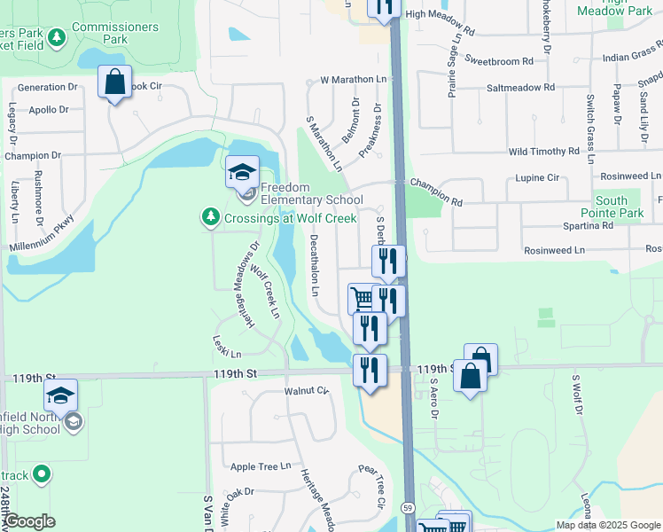 map of restaurants, bars, coffee shops, grocery stores, and more near 11660 Olympic Drive in Plainfield