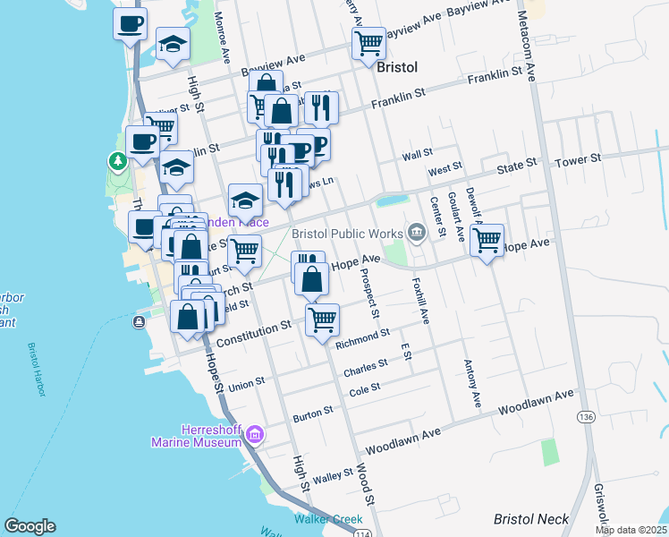 map of restaurants, bars, coffee shops, grocery stores, and more near 1 1/2 Siegel Street in Bristol
