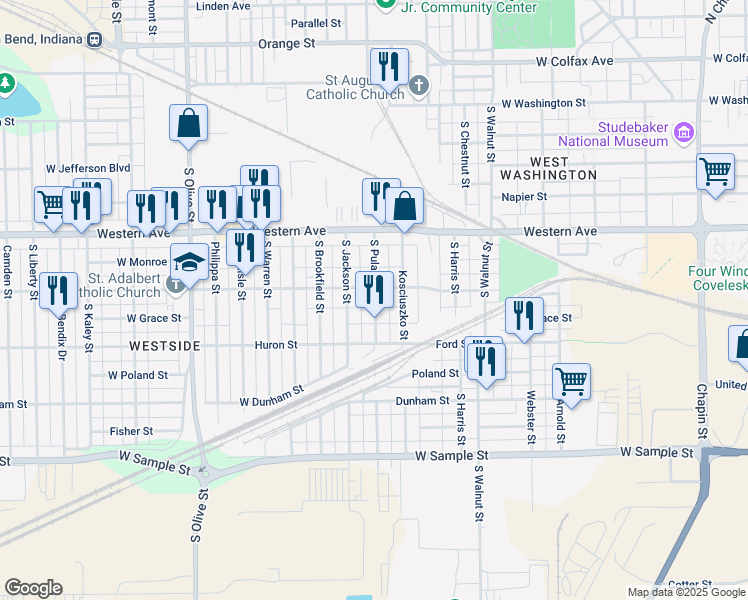 map of restaurants, bars, coffee shops, grocery stores, and more near 515 South Pulaski Street in South Bend