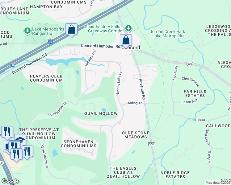 map of restaurants, bars, coffee shops, grocery stores, and more near 7358 Hunting Lake Drive in Painesville
