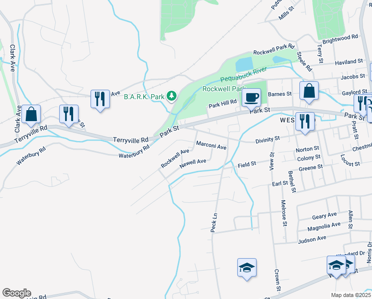 map of restaurants, bars, coffee shops, grocery stores, and more near 60 Rockwell Avenue in Bristol