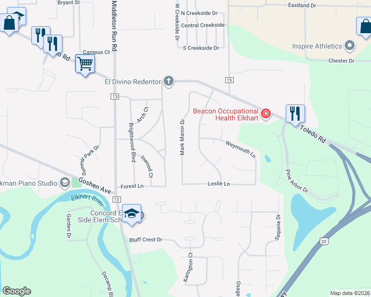 map of restaurants, bars, coffee shops, grocery stores, and more near 56790 Mark Manor Drive in Elkhart