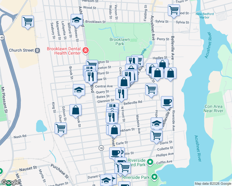 map of restaurants, bars, coffee shops, grocery stores, and more near 160 Query Street in New Bedford