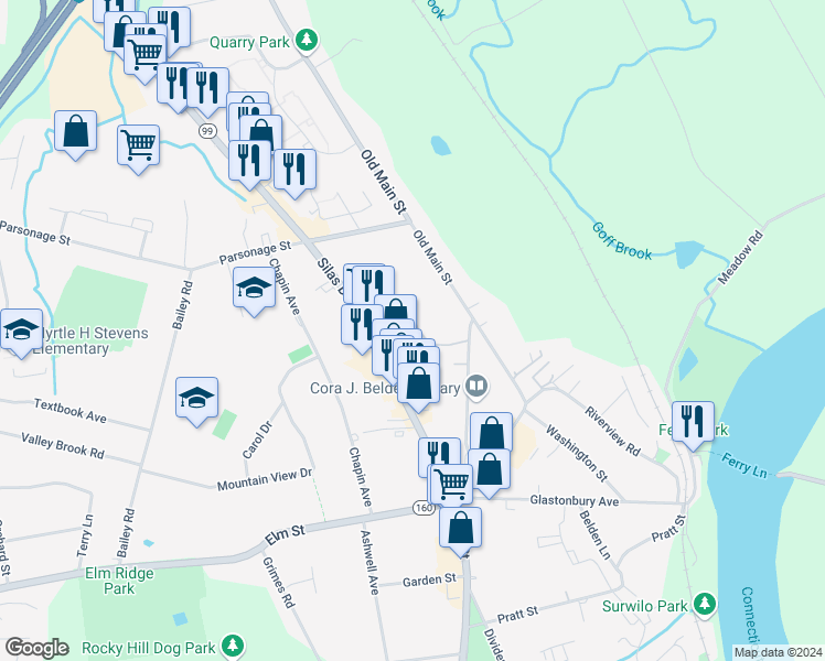 map of restaurants, bars, coffee shops, grocery stores, and more near 45 Joiners Road in Rocky Hill