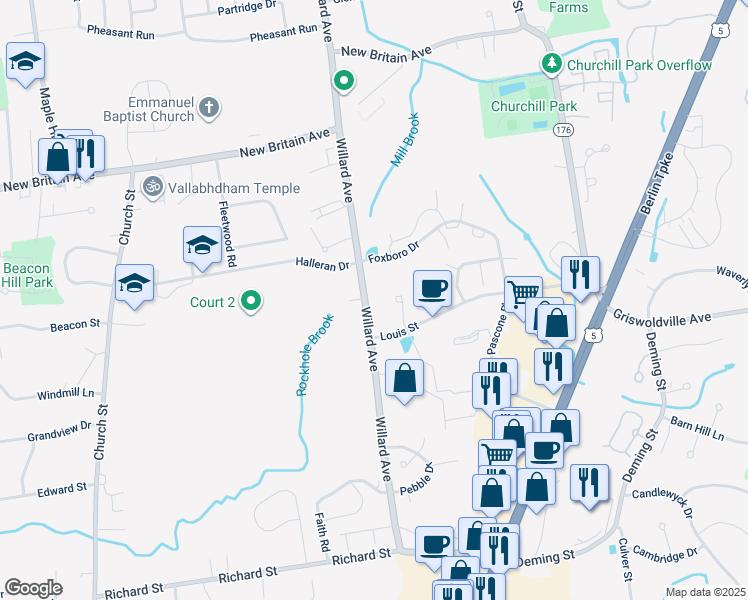 map of restaurants, bars, coffee shops, grocery stores, and more near 1512 Willard Avenue in Newington