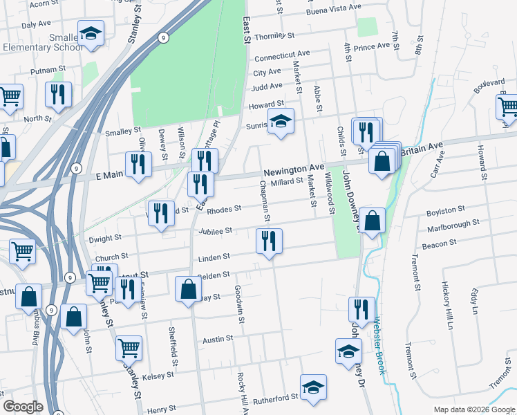 map of restaurants, bars, coffee shops, grocery stores, and more near 86 Rhodes Street in New Britain