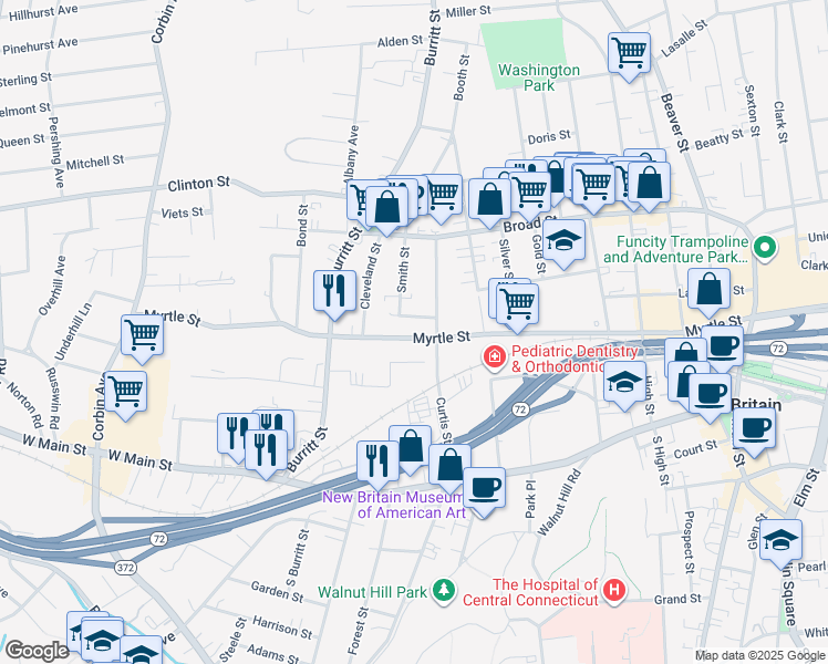 map of restaurants, bars, coffee shops, grocery stores, and more near 411 Myrtle Street in New Britain