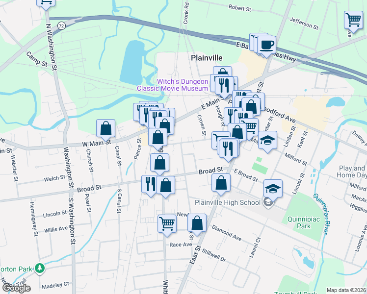 map of restaurants, bars, coffee shops, grocery stores, and more near 4 Park Street in Plainville