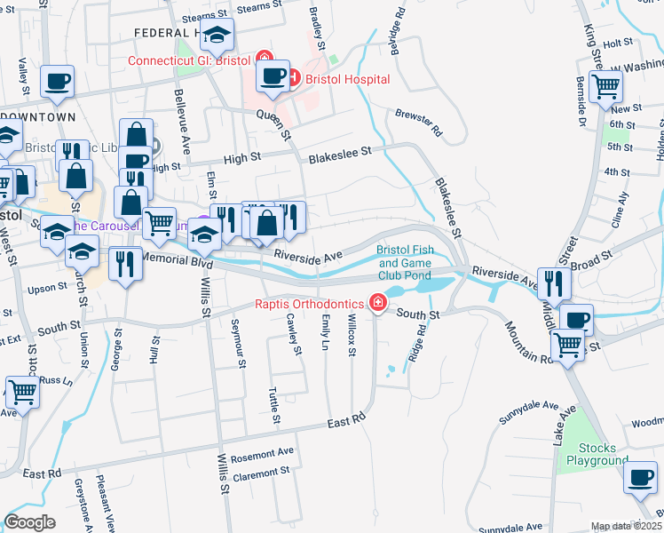 map of restaurants, bars, coffee shops, grocery stores, and more near 270 Riverside Avenue in Bristol