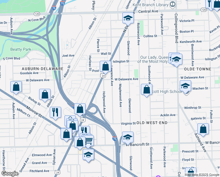 map of restaurants, bars, coffee shops, grocery stores, and more near 2469 Lawrence Avenue in Toledo