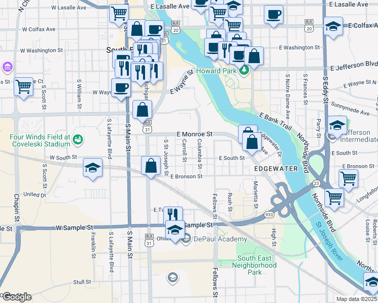 map of restaurants, bars, coffee shops, grocery stores, and more near 530 Carroll Street in South Bend