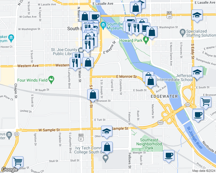 map of restaurants, bars, coffee shops, grocery stores, and more near 530 Carroll Street in South Bend