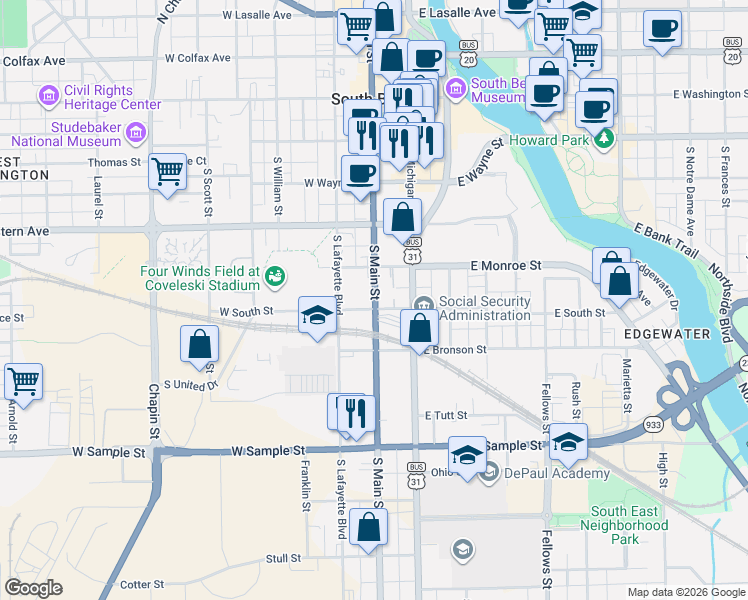 map of restaurants, bars, coffee shops, grocery stores, and more near in South Bend