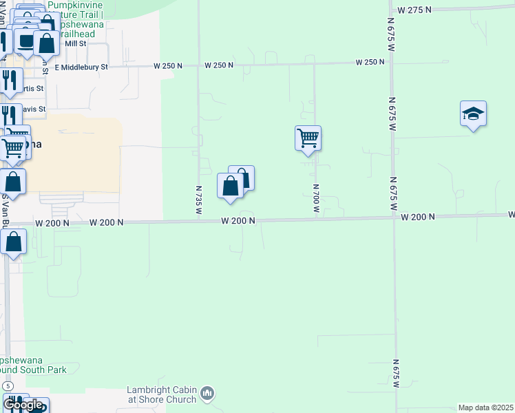 map of restaurants, bars, coffee shops, grocery stores, and more near 7205 West 200 North in Shipshewana