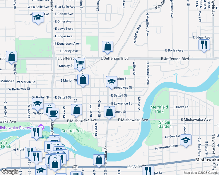 map of restaurants, bars, coffee shops, grocery stores, and more near 715 East Broadway Street in Mishawaka