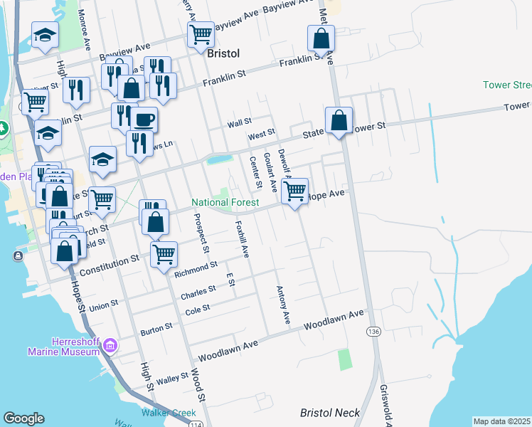 map of restaurants, bars, coffee shops, grocery stores, and more near 150 Mount Hope Avenue in Bristol