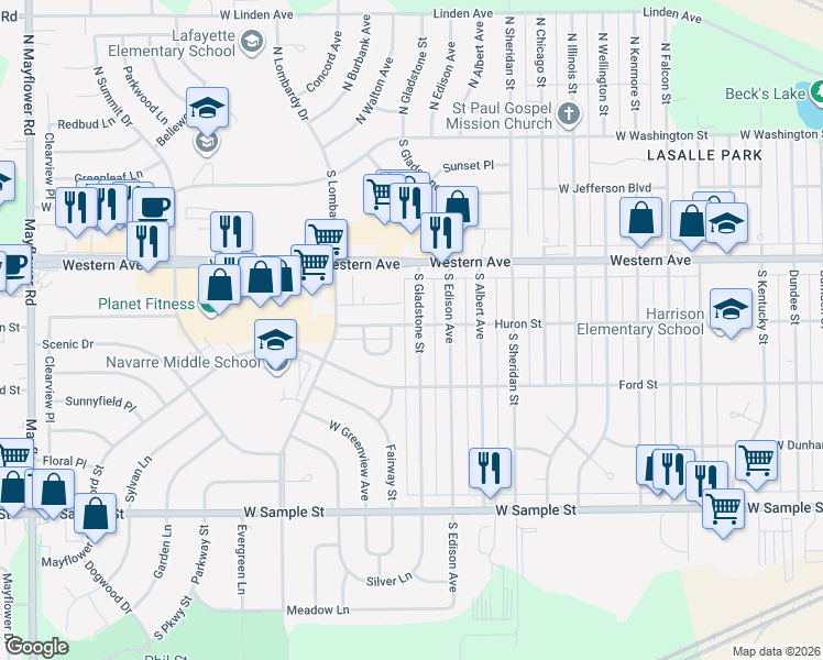 map of restaurants, bars, coffee shops, grocery stores, and more near 521 South Gladstone St in South Bend