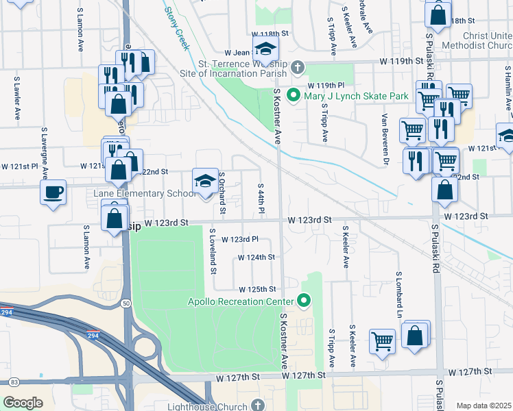map of restaurants, bars, coffee shops, grocery stores, and more near 12242 South 44th Place in Chicago