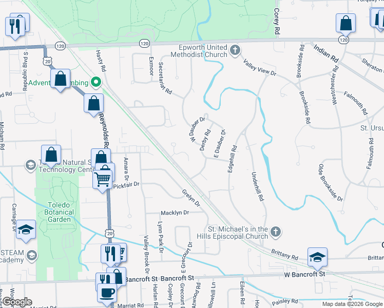 map of restaurants, bars, coffee shops, grocery stores, and more near 10 Stableside South in Toledo