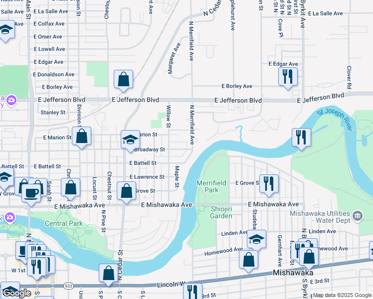map of restaurants, bars, coffee shops, grocery stores, and more near 1074 E Broadway St in Mishawaka