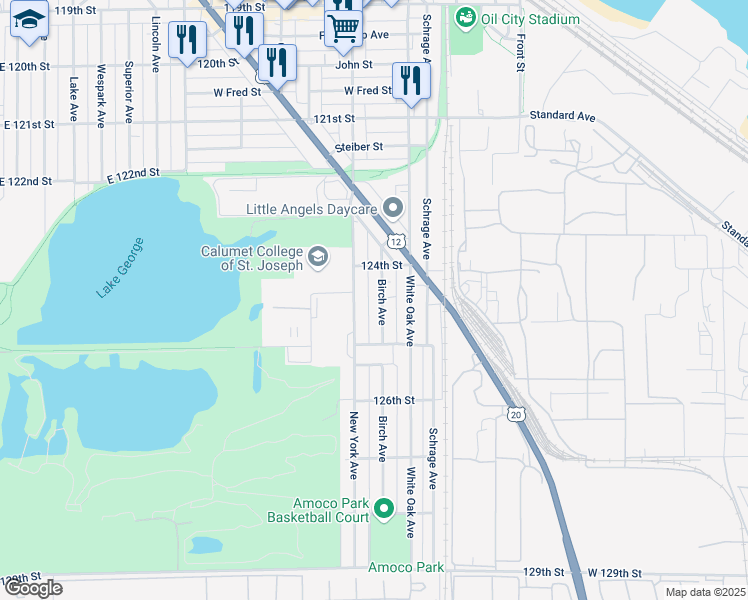 map of restaurants, bars, coffee shops, grocery stores, and more near 2430 Birch Avenue in Whiting