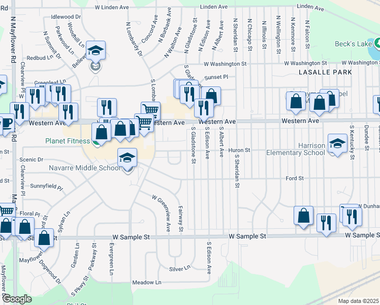 map of restaurants, bars, coffee shops, grocery stores, and more near 501 South Gladstone St in South Bend