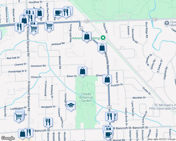 map of restaurants, bars, coffee shops, grocery stores, and more near 5409 Westcastle Drive in Toledo