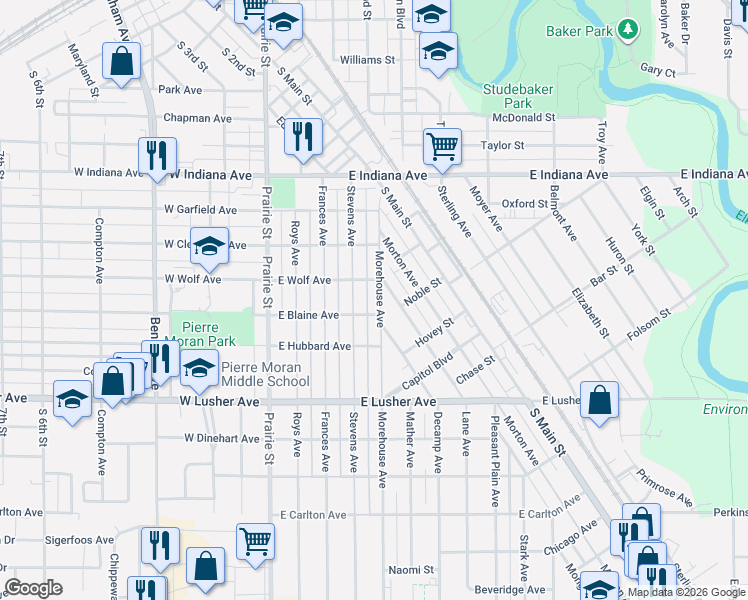 map of restaurants, bars, coffee shops, grocery stores, and more near 1800-1822 Morehouse Avenue in Elkhart