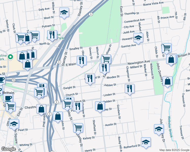 map of restaurants, bars, coffee shops, grocery stores, and more near 62 Woodland Street in New Britain