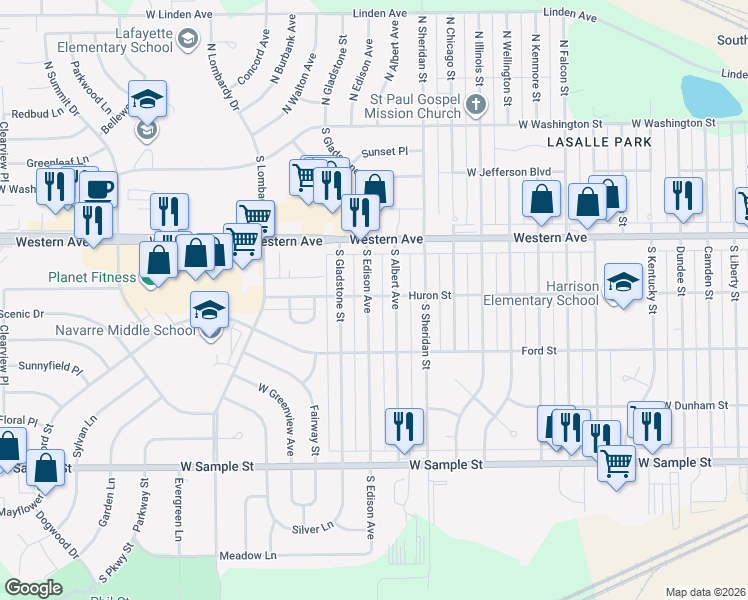 map of restaurants, bars, coffee shops, grocery stores, and more near 502 South Edison Avenue in South Bend
