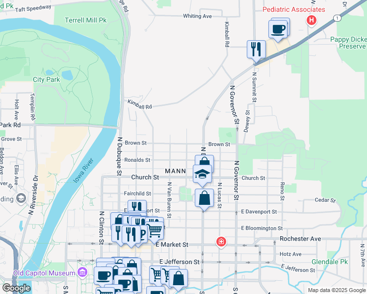 map of restaurants, bars, coffee shops, grocery stores, and more near 529 Brown Street in Iowa City