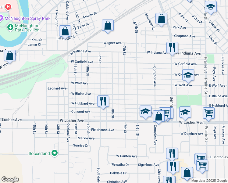 map of restaurants, bars, coffee shops, grocery stores, and more near 734 West Blaine Avenue in Elkhart
