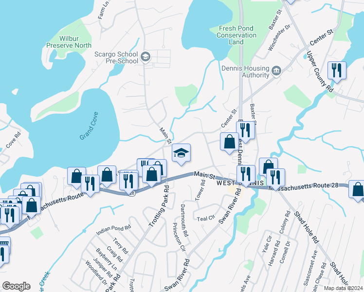 map of restaurants, bars, coffee shops, grocery stores, and more near 23 Center Street in Dennis
