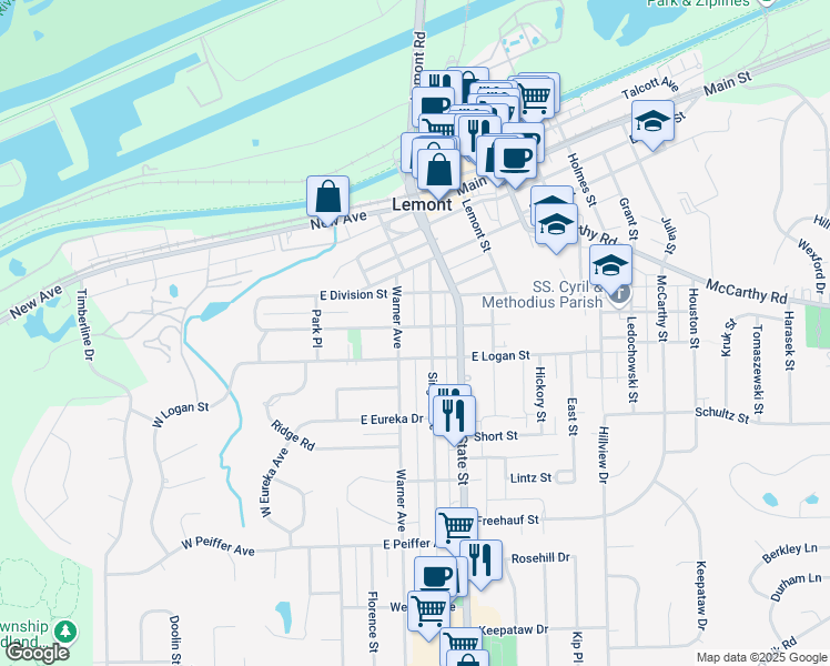 map of restaurants, bars, coffee shops, grocery stores, and more near 58 E Custer St in Lemont