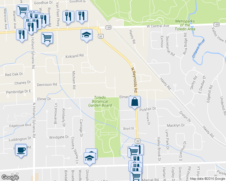 map of restaurants, bars, coffee shops, grocery stores, and more near 5409 Westcastle Drive in Toledo