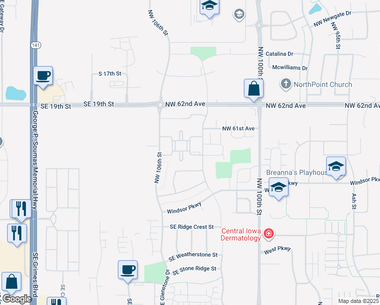 map of restaurants, bars, coffee shops, grocery stores, and more near 10310 Essex Drive in Johnston