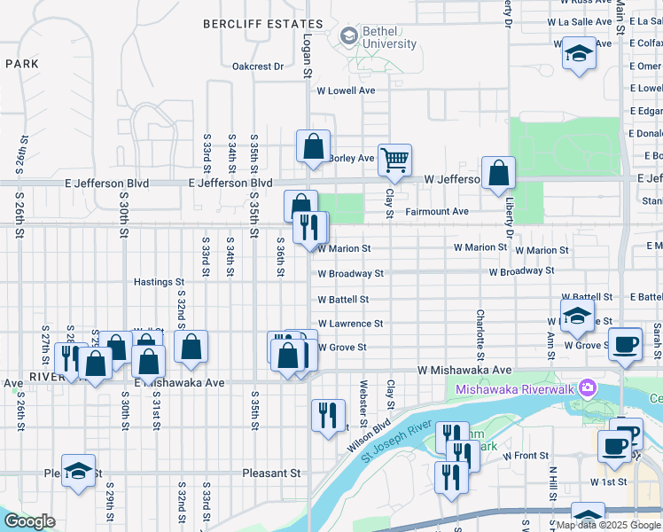map of restaurants, bars, coffee shops, grocery stores, and more near 1002 West Broadway Street in Mishawaka