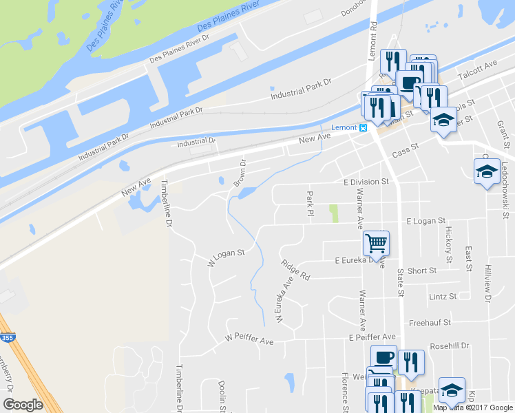 map of restaurants, bars, coffee shops, grocery stores, and more near 25 W Custer St in Lemont