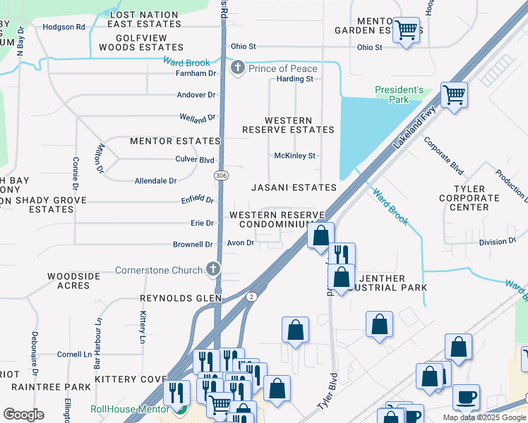 map of restaurants, bars, coffee shops, grocery stores, and more near 7398 Abby Court in Mentor