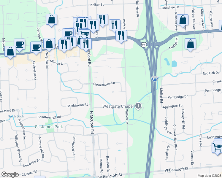 map of restaurants, bars, coffee shops, grocery stores, and more near 6554 Carrietowne Court in Toledo