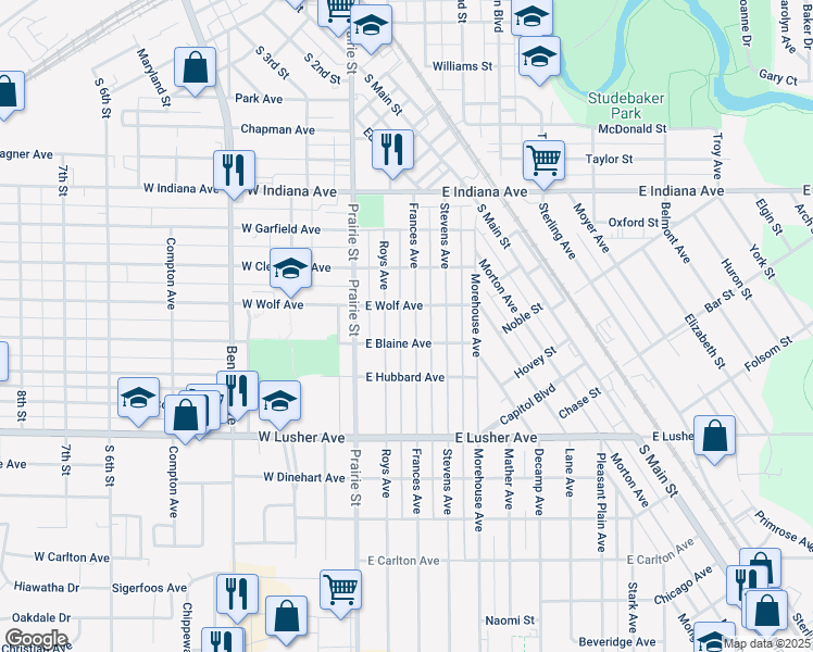 map of restaurants, bars, coffee shops, grocery stores, and more near 1817 Frances Ave in Elkhart