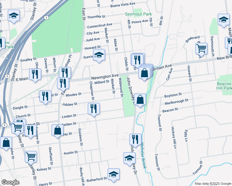 map of restaurants, bars, coffee shops, grocery stores, and more near 17 Market Street in New Britain