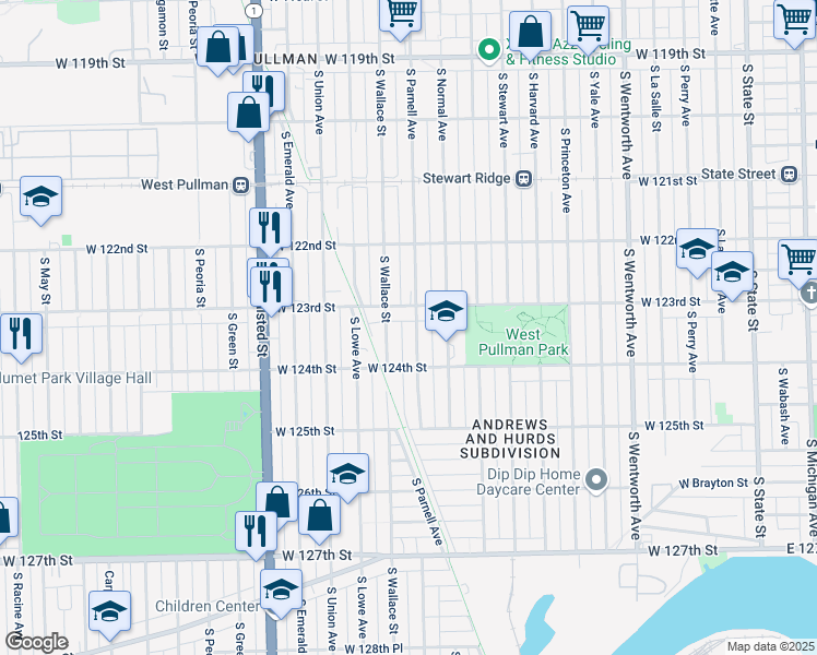 map of restaurants, bars, coffee shops, grocery stores, and more near 12318 S Parnell Ave in Chicago