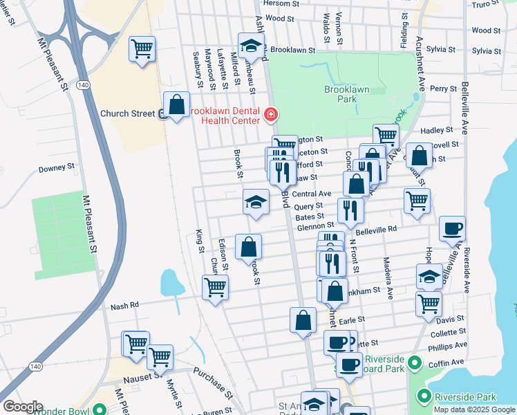 map of restaurants, bars, coffee shops, grocery stores, and more near 273 Query Street in New Bedford